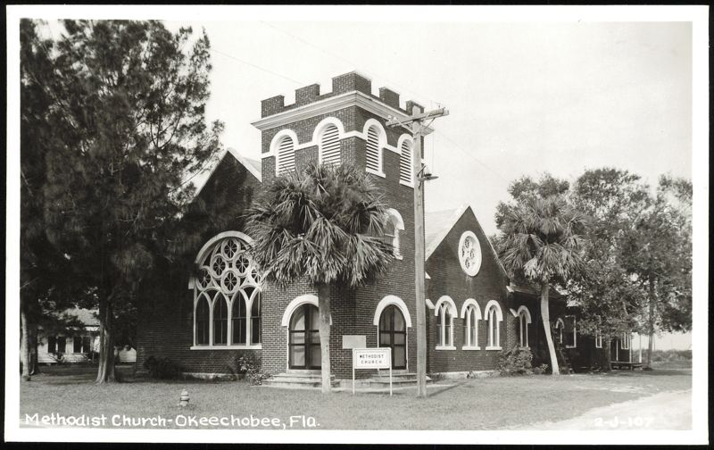 Methodist Church with Brick Tower and Palm Trees Okeechobee Florida