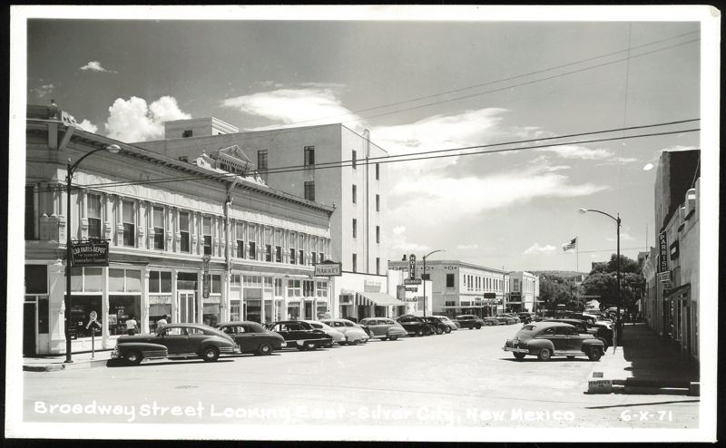 Broadway Street Looking East with Vintage Cars and Shops