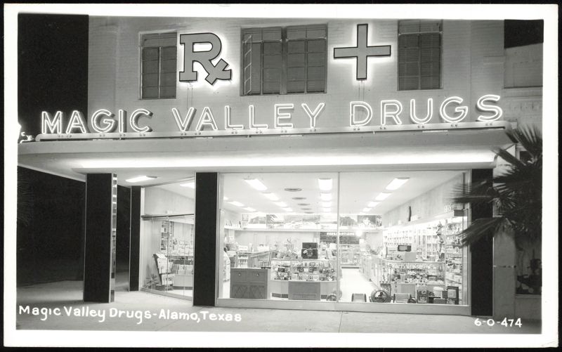 Magic Valley Drugs Storefront with Neon Signs Alamo Texas