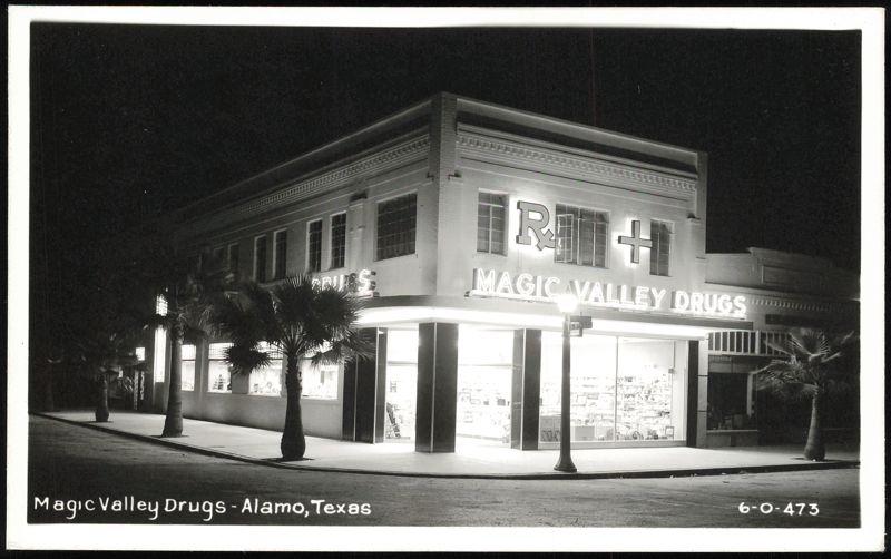 Magic Valley Drugs Storefront and Building at Night Alamo Texas