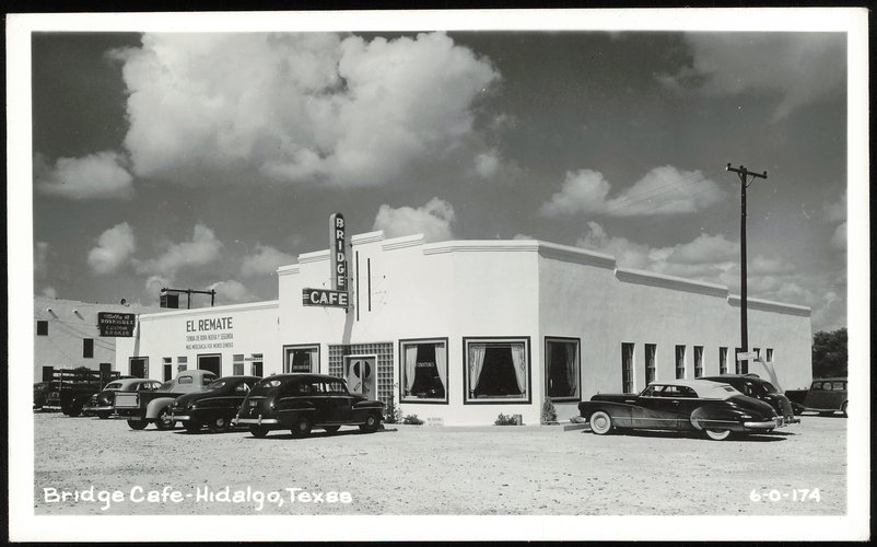 Bridge Cafe and El Remate Storefronts with Vintage Cars Hidalgo Texas