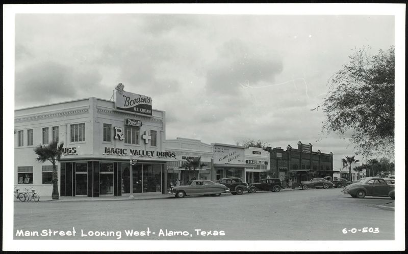Main Street Looking West with Magic Valley Drugs Alamo Texas