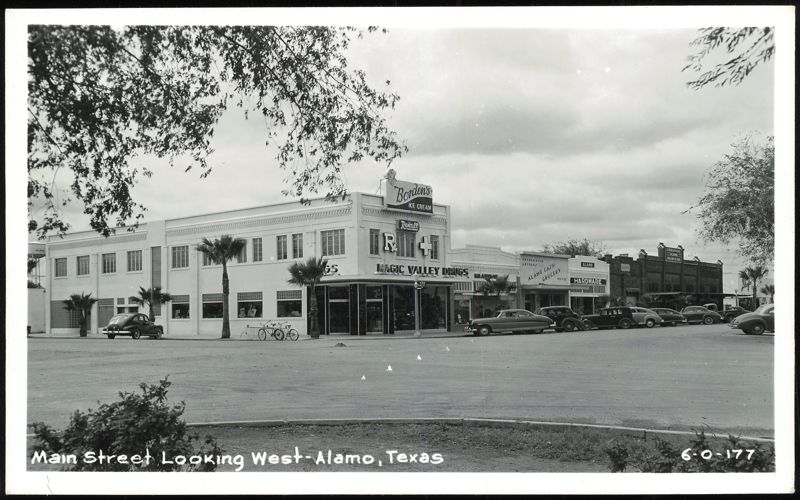 Main Street Looking West, Magic Valley Drugs & Storefronts Alamo Texas