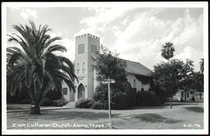 Zion Lutheran Church with Palm Trees and Street Sign Alamo Texas