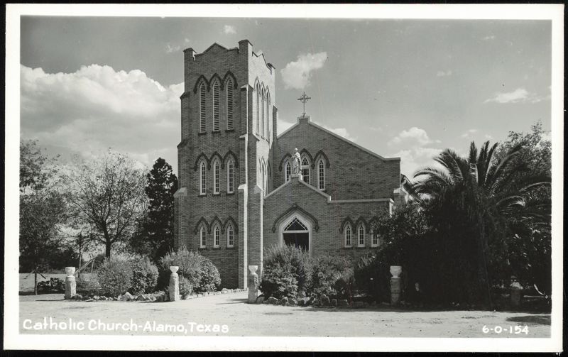 Catholic Church with Brick Tower and Statue Alamo Texas