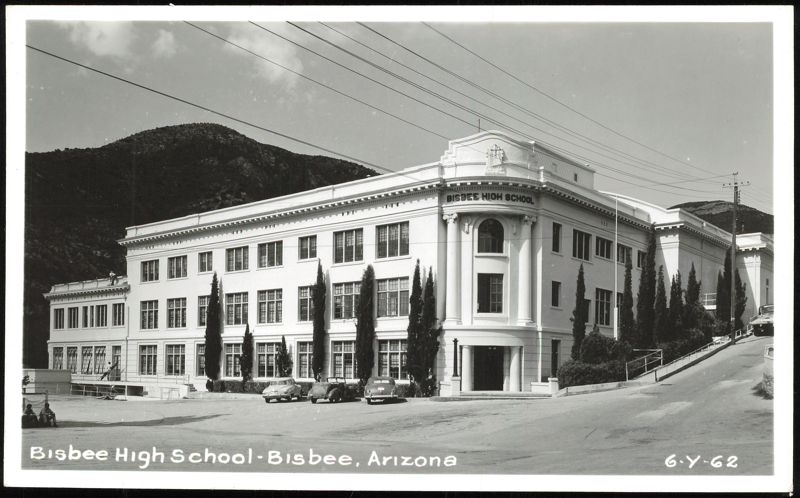 High School Building with Classical Columns and Mountains Bisbee Arizona