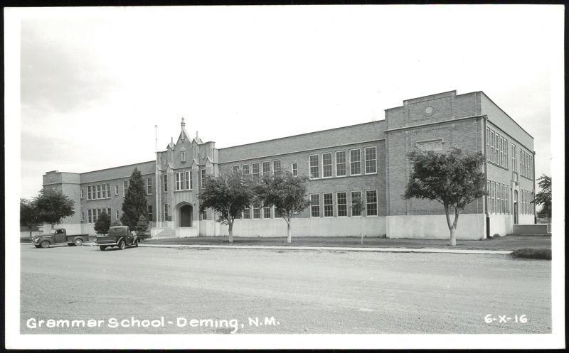 Grammar School Building with Vintage Trucks Deming New Mexico