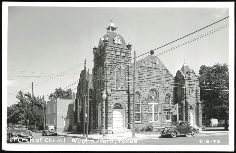 Church of Christ Stone Building with Vintage Cars Weatherford Texas