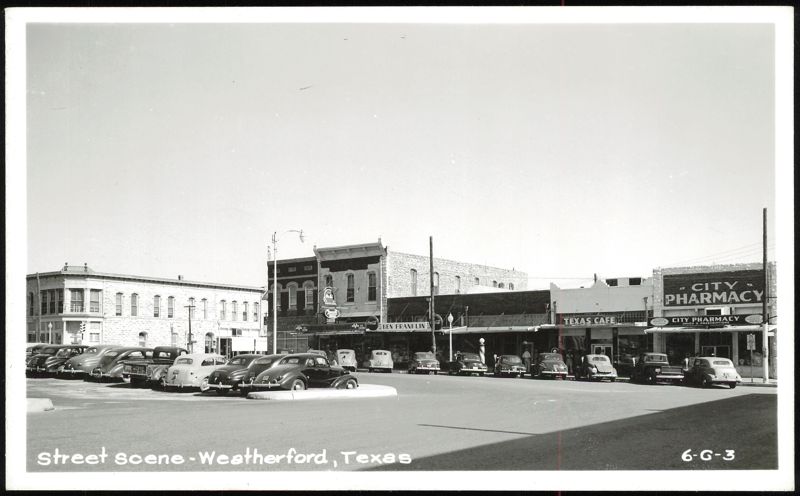 Downtown Street Scene with Ben Franklin and City Pharmacy Weatherford Texas