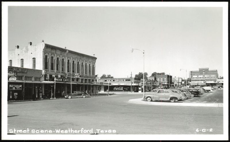 Street Scene with Nook Cafe and Howard Rea Drugs Weatherford Texas