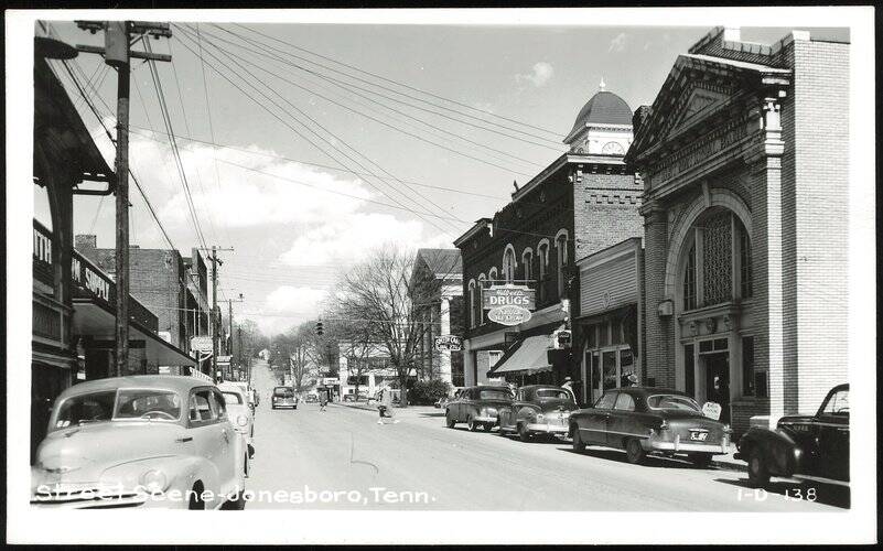 Street Scene with First National Bank and Hilbert's Drugs Jonesboro Tennessee