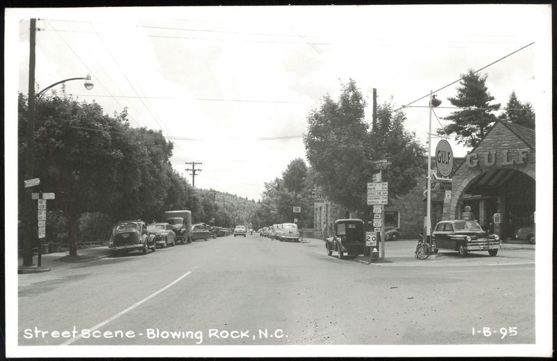 Street Scene with Gulf Gas Station and Vintage Cars Blowing Rock North Carolina
