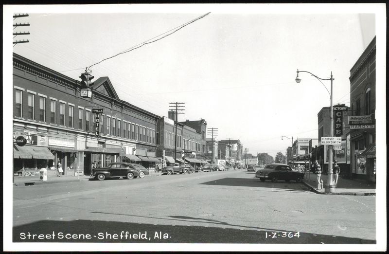 Street Scene with Tvala Hotel and Victory Cafe Sheffield Alabama