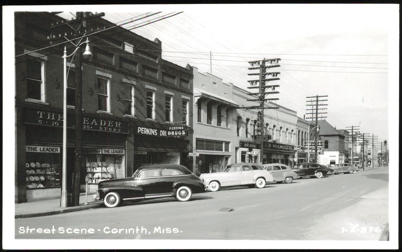 Street Scene with The Leader and Perkins Drugs Corinth Mississippi