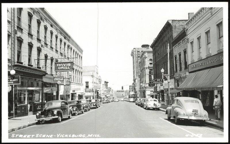 Street Scene with Davis Grill and Woolworth Co. Vicksburg Mississippi