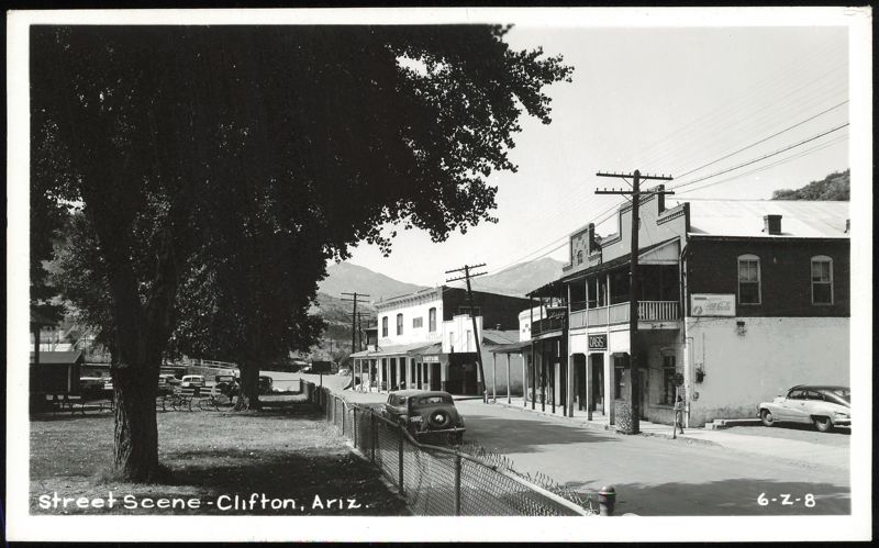 Street Scene with Oasis Cafe and Hotel in Clifton Arizona