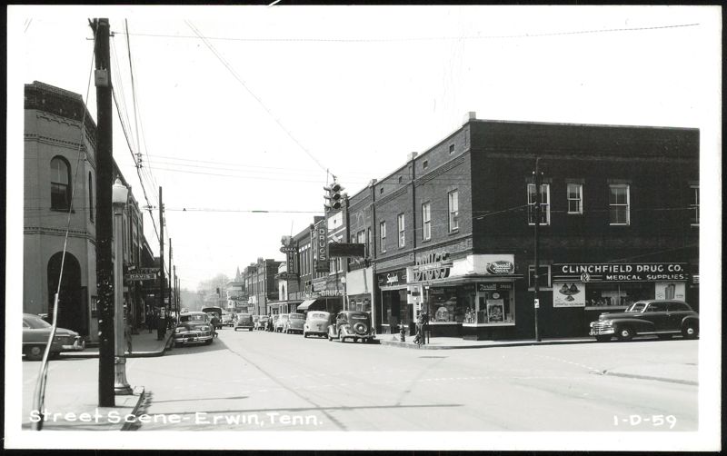 Street Scene with Clinchfield Drug Co. in Erwin, Tennessee