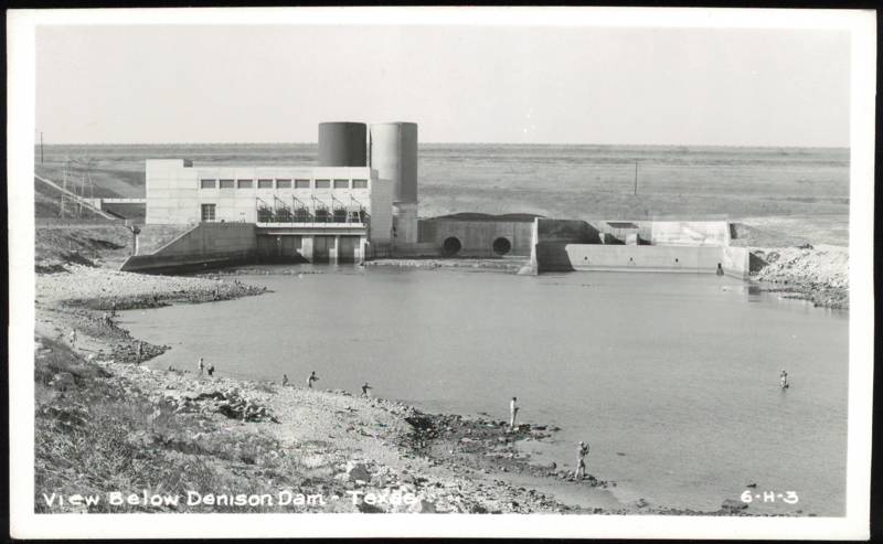 View Below Denison Dam with Powerhouse and Fishermen Texas