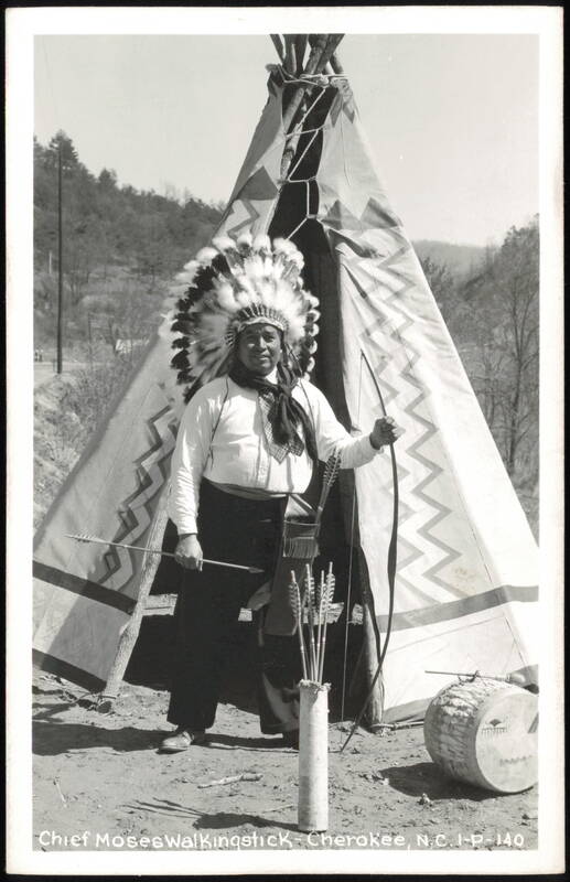 Chief Moses Walkingstick in Headdress with Bow & Arrow Cherokee North Carolina