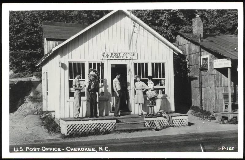 US Post Office with Cherokee Man in Headdress on Porch