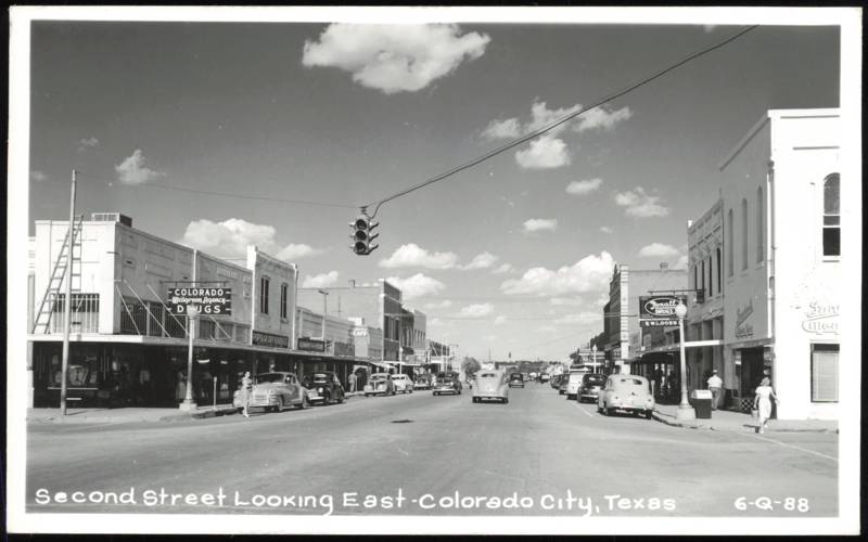 Second Street Looking East with Shops and Cars Colorado City Texas