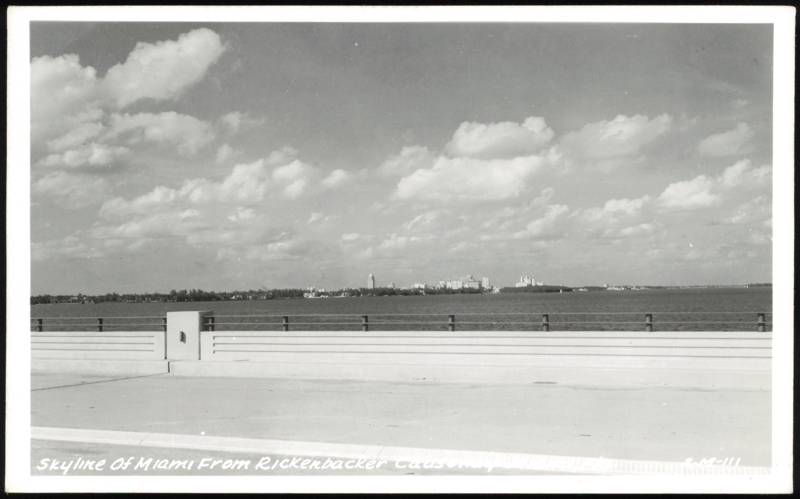 Skyline of Miami from Rickenbacker Causeway Bridge Florida