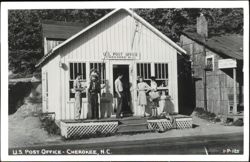 US Post Office with Cherokee Man in Headdress on Porch Postcard