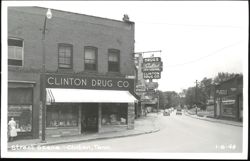 Street Scene Featuring Clinton Drug Co. Storefront Postcard