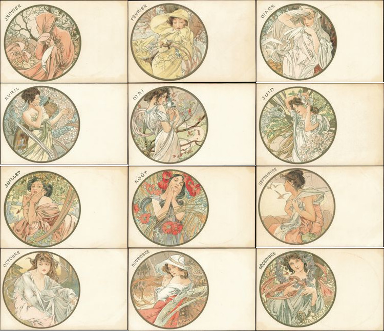 Alphonse Mucha Months of the Year Original Complete Set of 12