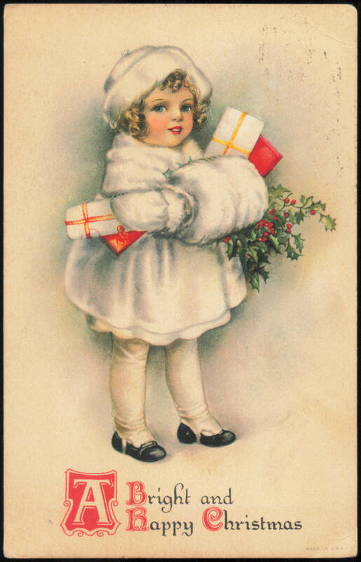 Girl in White Fur Coat with Christmas Gifts and Holly