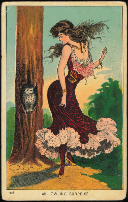 An Owling Surprise, Woman and Owl in Tree Illustration