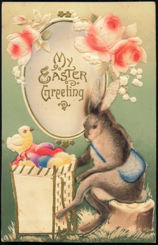 Easter Greeting with Rabbit, Chick, and Basket of Eggs Germany