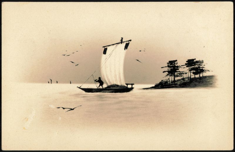 Lacquer Art Urushi Sailboat on Calm Water with Trees Japan