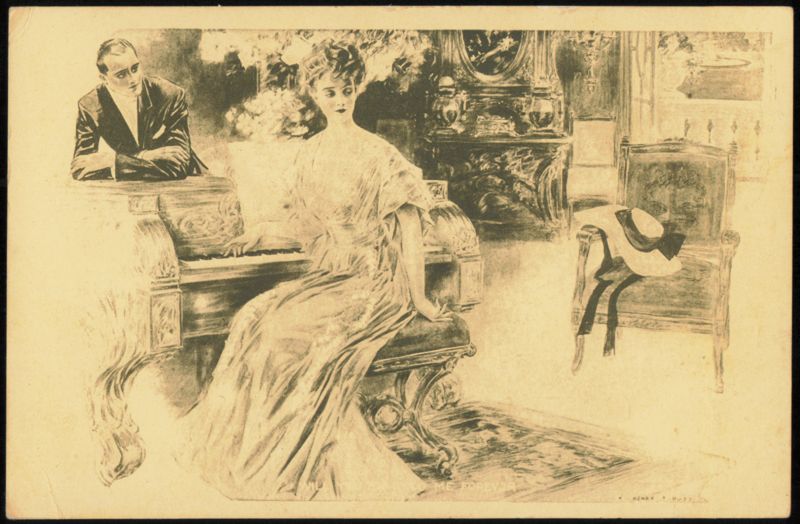 Woman Playing Piano with Man Watching, Henry Hutt Art Alviso California