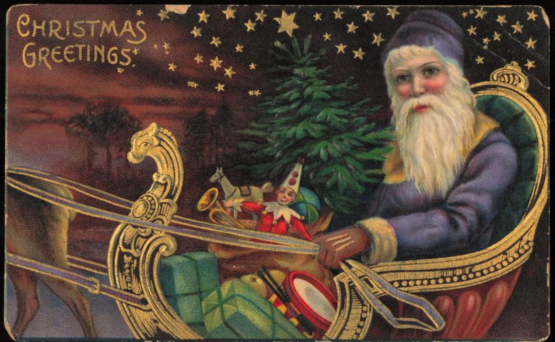 Santa Claus in Sleigh with Toys and Christmas Tree