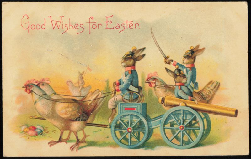 Easter Bunnies in Military Uniforms with Cannon and Hens