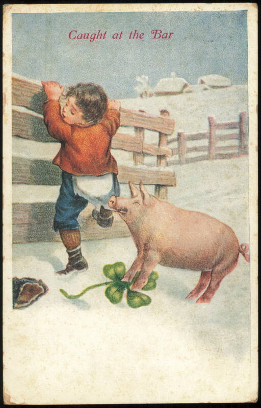 Caught at the Bar, Boy and Pig with Four-Leaf Clover