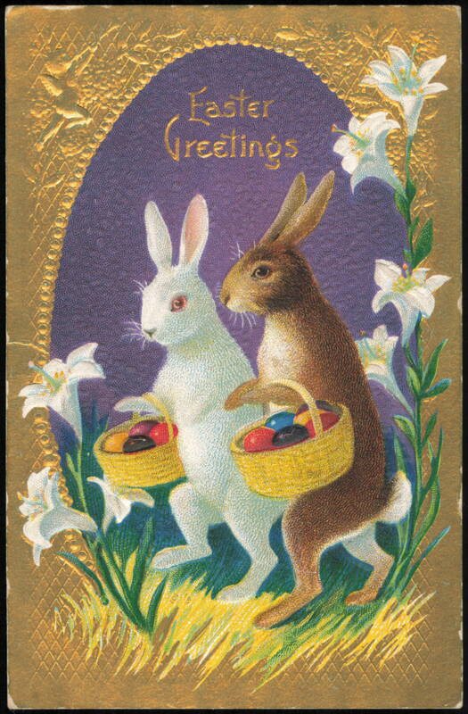 Easter Greetings with Two Rabbits and Easter Lilies