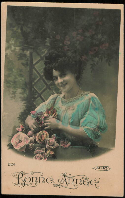 Woman Holding Roses with Bonne Annee Greeting Women