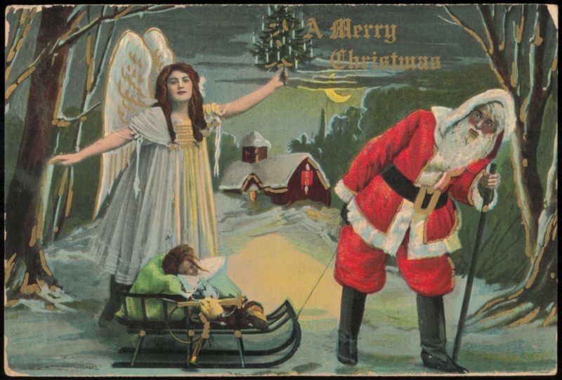Angel and Santa Claus Sleigh Ride Christmas Greeting