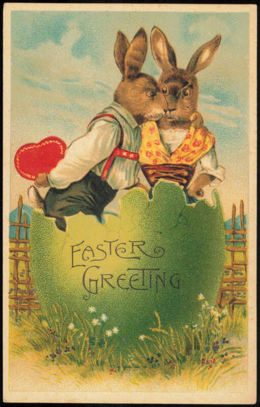 Easter Greeting with Two Dressed Bunnies in Egg With Bunnies
