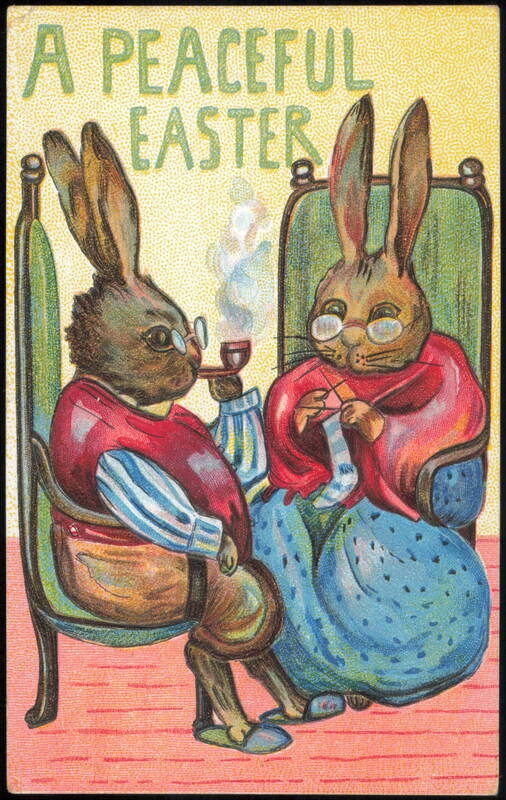 A Peaceful Easter Rabbits Smoking Pipe and Knitting