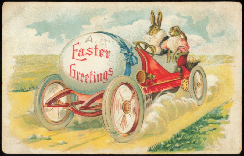 Easter Greetings with Rabbits Driving a Car With Bunnies
