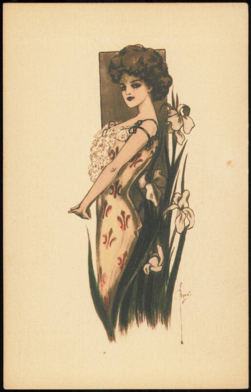 Elegant Woman with Irises Art Nouveau Illustration
