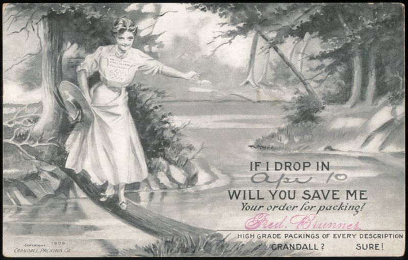 Crandall Packing Co. Advertising Woman on Log Stevens Point Wisconsin