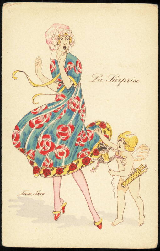 La Surprise, Woman in Rose Pattern Dress and Cupid