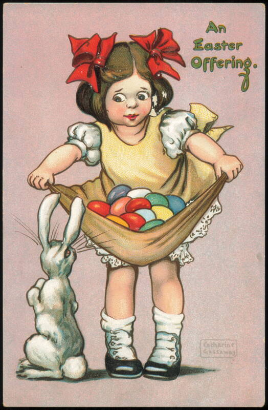 Girl Holding Apron Full of Easter Eggs with Rabbit