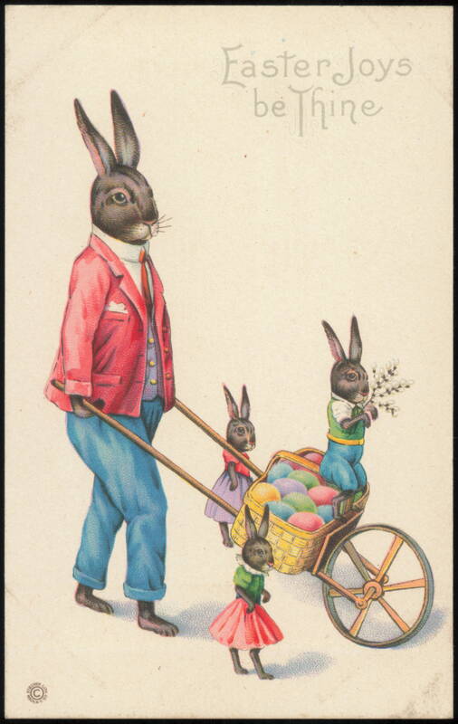 Easter Bunnies with Wheelbarrow of Eggs With Bunnies
