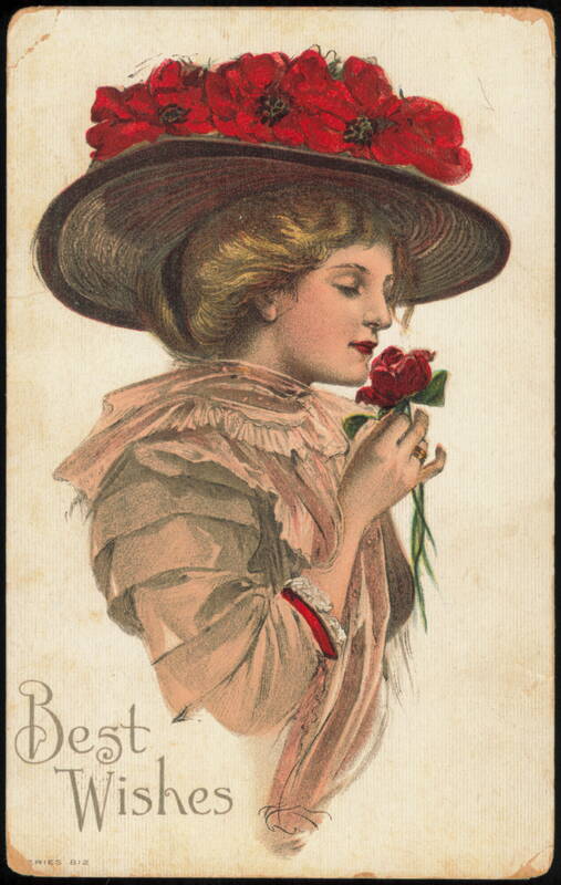 Woman in Poppy Hat Holding Red Rose, Best Wishes Women