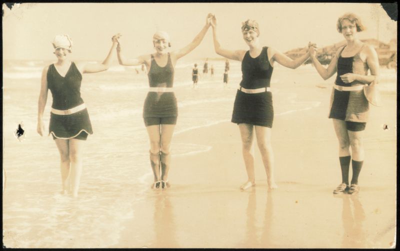 4 Flapper Women in Bathing Suits Holding Hands on Beach St. Petersburg Florida